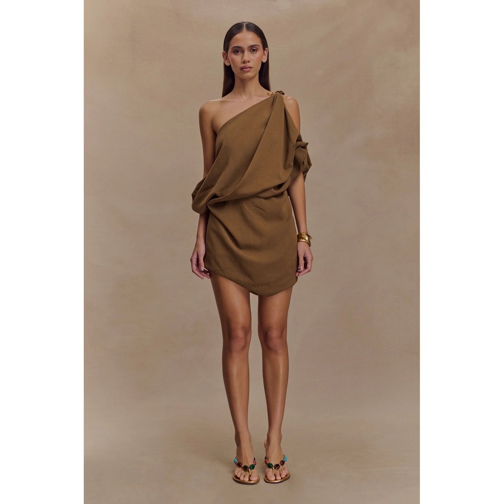 MESHKI Gabriella Brown One Shoulder Draped Mini Dress Gold Hardware Small